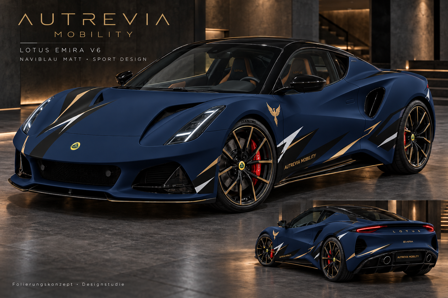 Lotus Emira V6 in Naviblau und Gold – Autrevia Folierungsstudie